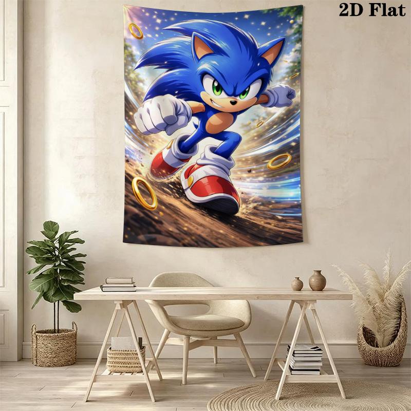 Sonic Collage Photo Wall Tapestry Multi Scene Character Grid Print Inspirational Quote Hanging Cloth Game Room Wall Decor
