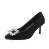 Women Shoes Fashion Rhinestone Square Buckle Bridesmaid Wedding Shoes Solid Flock Pointed Toe Stiletto Pumps French High Heels