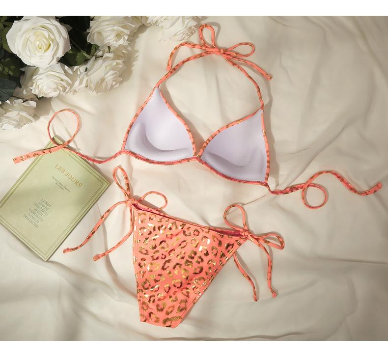 Korean Dongdaemun Leopard Print Peach Bikini - Sexy Push-Up, Tie-Up, Peach Pink Beachwear