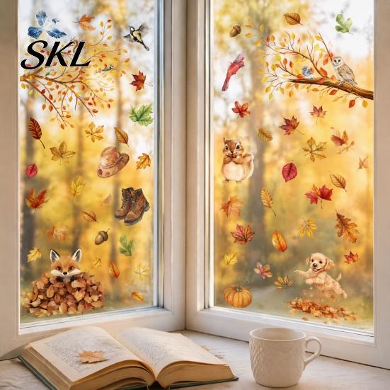 DIY Fall Party Window Ornaments 9PCS Thanksgiving Static Clings, Leaves Birds Cute Animals Maple Leaf Decals for Glass Stickers, No-Adhesive Removable