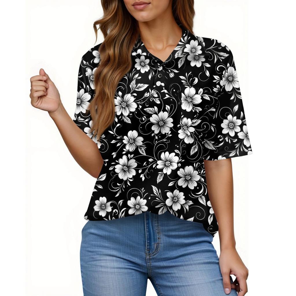 Women's Fashion Casual Button Pocket Shirt Short Sleeve Print Lapel Top