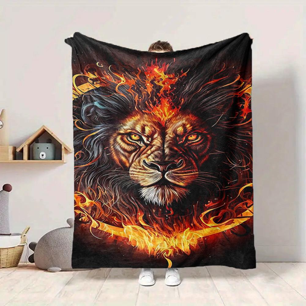 1pc Flame Lion Print Blanket - Lightweight Flannel Throw Blanket For Sofa, Bed, Living Room, Office, Outdoor Travel, Camping, Soft All-Season113