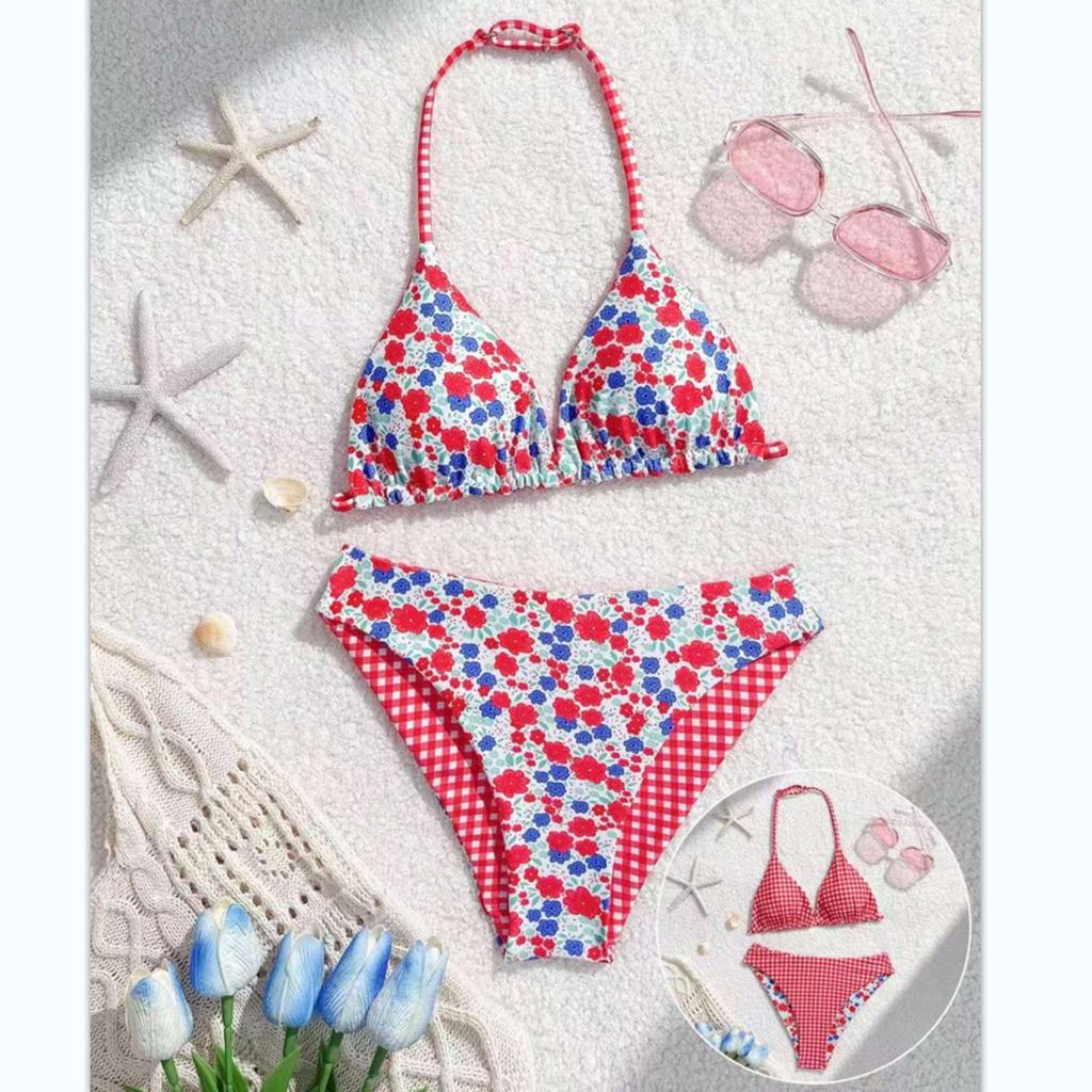 Zweiteiliger Badeanzug für Mädchen, Bikini-Set mit hoher Taille, Blumenmuster und Karomuster, Verstellbarer Neckholder für das Schwimmen im Freien