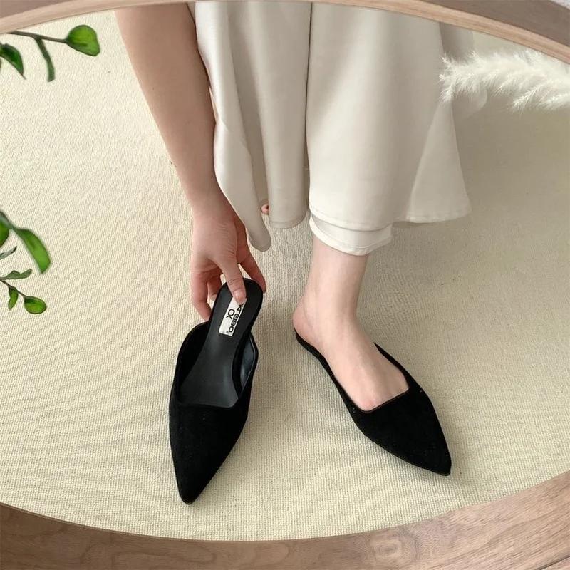 Fashion Women Slippers Pointed Toe Leopard Design Shallow Slip On Thin Low Heels Black Flock Design Casual Mules Loafers Black Outdoor