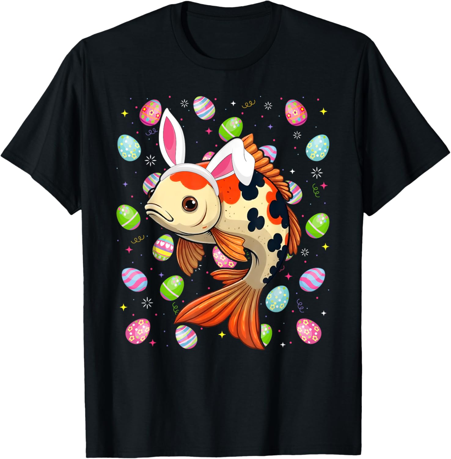 

Koi Fish Bunny Ears Easter Eggs Graphic Print Men s Cotton T-Shirt Casual Short Sleeve Tee 4XL