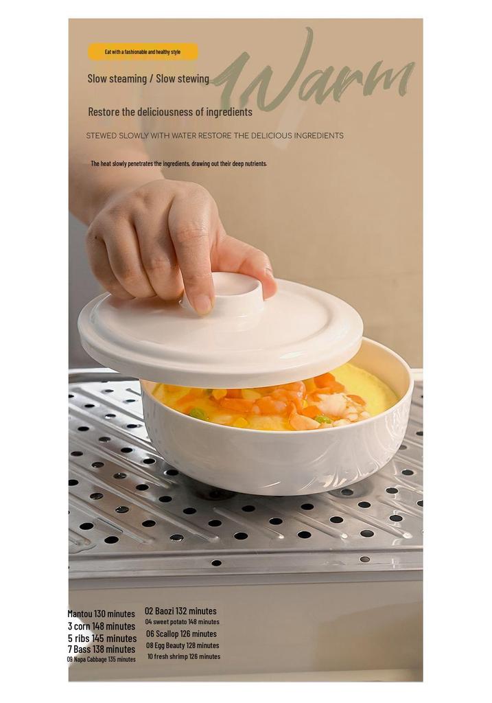 Bone China White Ceramic Steamer Basket with Lid: Deep Steaming Plate for Rice and Dishes