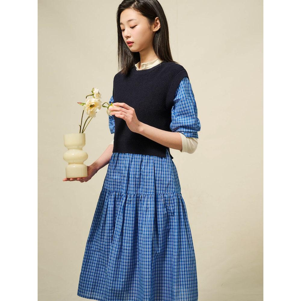 Binpolleidiseu Knit Vest Patch Check Dress Blue (Bf5371C04P)