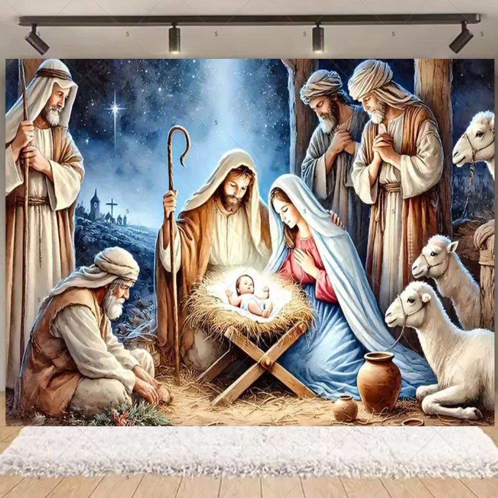 Nativity Scene Background Banner Starry Night Traditional Christmas Religious Jesus Backdrop Supplies Christmas Party Decoration