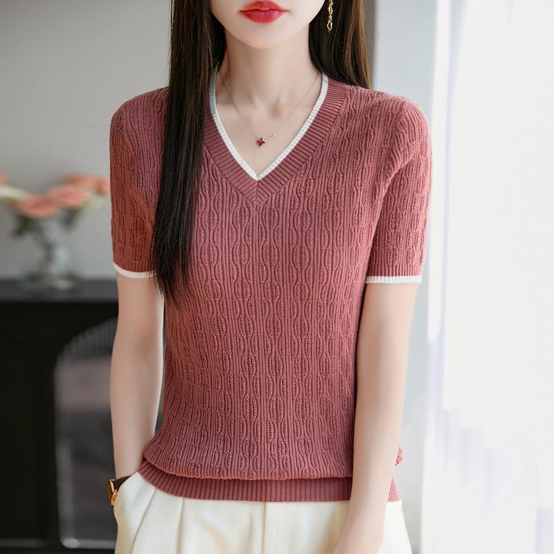 Hollow Cotton Knitted Sweater Short-sleeved T-shirt for Women In Summer Latest Style Large Size Belly-covering Top Thin Women