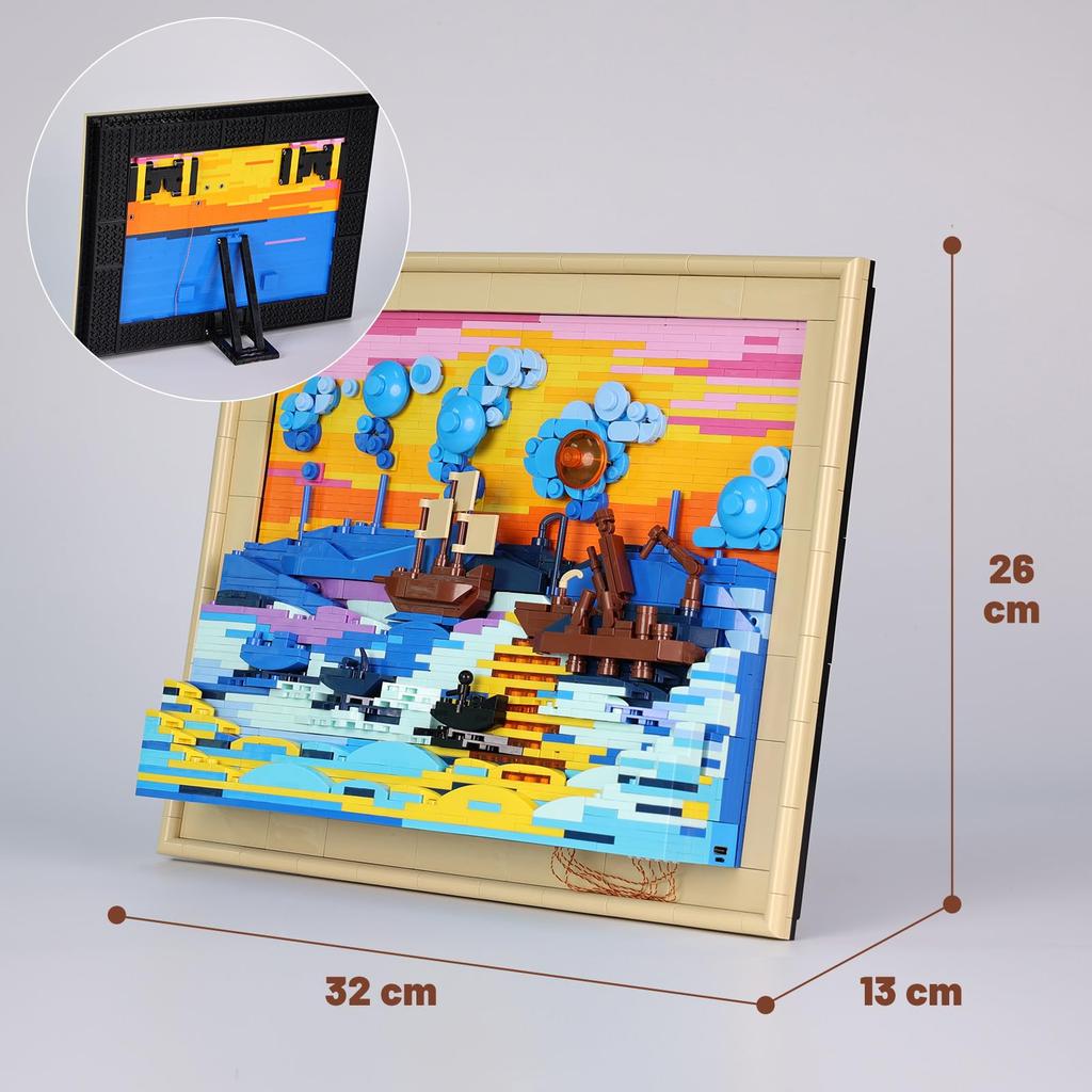 JMBricklayer Impression Sonnenaufgang Bausteine Set mit Lichtern 70016, 3D Monet Wandkunst und Handwerk, Kunstmalerei Rahmen für Erwachsene für Heimwand & Schreibtisch
