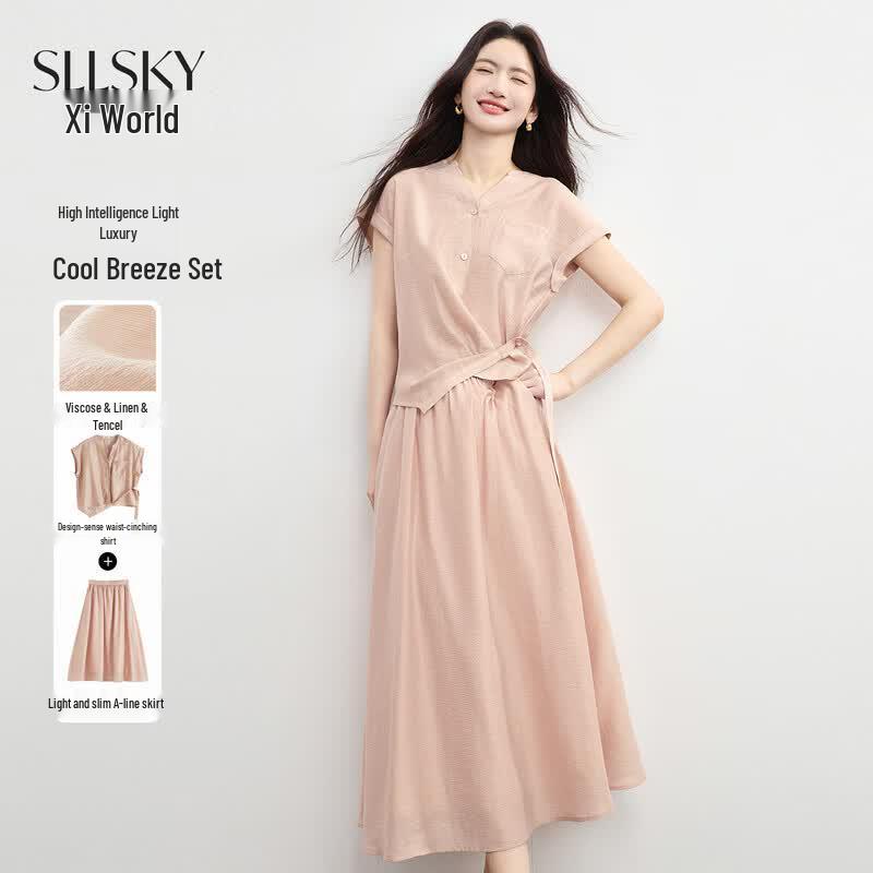 SLLSKY Acetate-Linen Blend Tie-Waist Shirt & Skirt Set