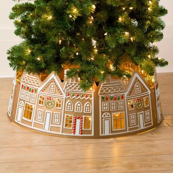 Yousheng 26/28-Inch LED Gingerbread Christmas Tree Collar Xmas Tree Skirt with String Light Xmas Artificial Trees Stand Base Ring Cover Decoration