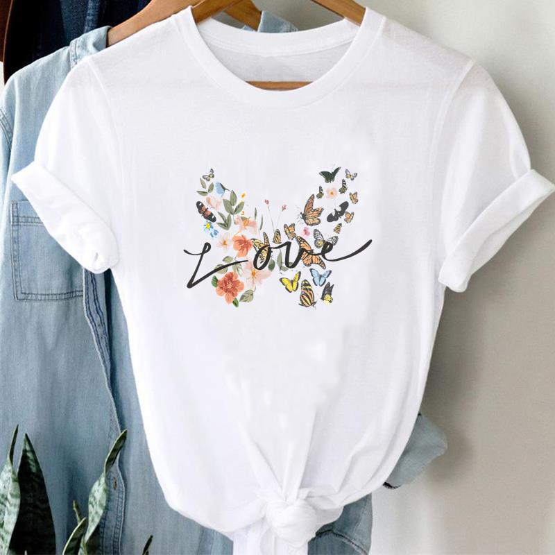 (European Size) 90s Top T Shirt Watercolor Love Heart Trend Cute Fashion Casual Clothing T-Shirt Sleeve Women Print Lady Female O-neck Graphic T-shirt