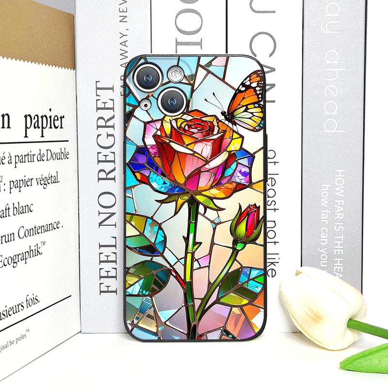 Colorful Glass Style Rose Flower Pattern Phone Case for iPhone 17 16 12 11 14 Plus 13 14 15 Pro Max Mini X XS Floral Soft Cover