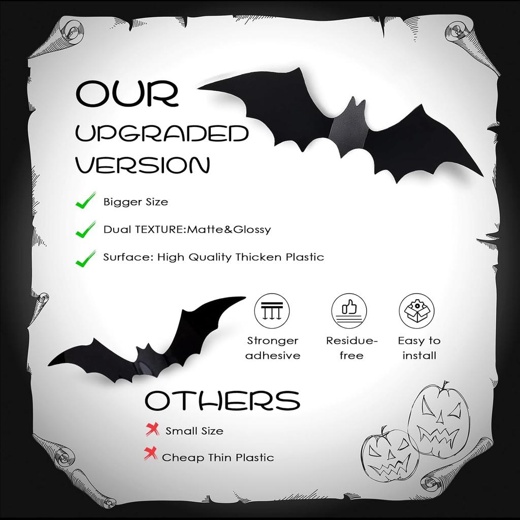 Bats Halloween Wall Decor - 81 Pcs Reble 3D PVC Decorative Wall Bats with Double-Sided Adhesive