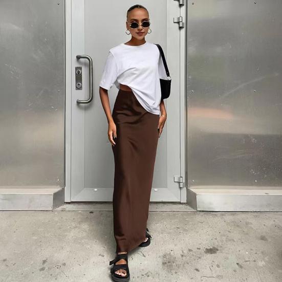 Women High Waist Satin Mermaid Long Skirt Elegant Zipper Solid Color Slim