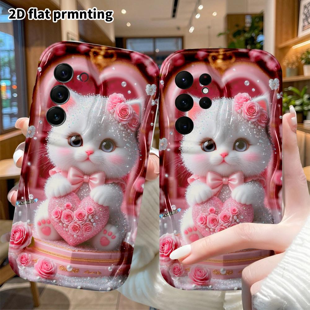 Phone Case: 2D Flat Samsung Galaxy A34 A35 M05 M06 S20 S22 S21 FE Plus 5G Protective Case, Cute Little White Cat, Christmas and Halloween Gift
