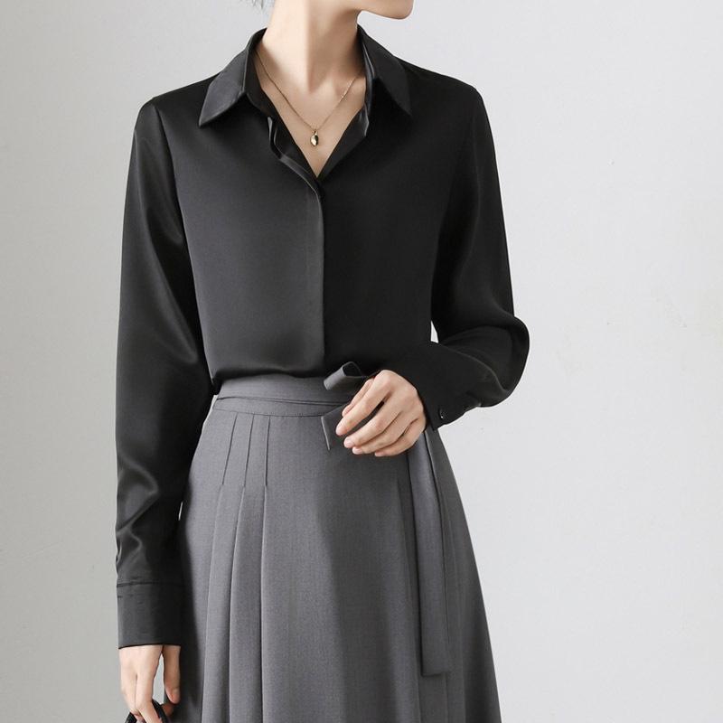 Women's Retro Satin Loose-Fit Long Sleeve Shirt - Hidden Placket, Hong Kong Style, Light Luxury for Spring & Autumn