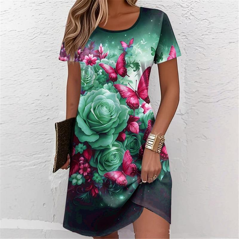 

Short Sleeve 3d Flower Printed Street Ladies Dress S