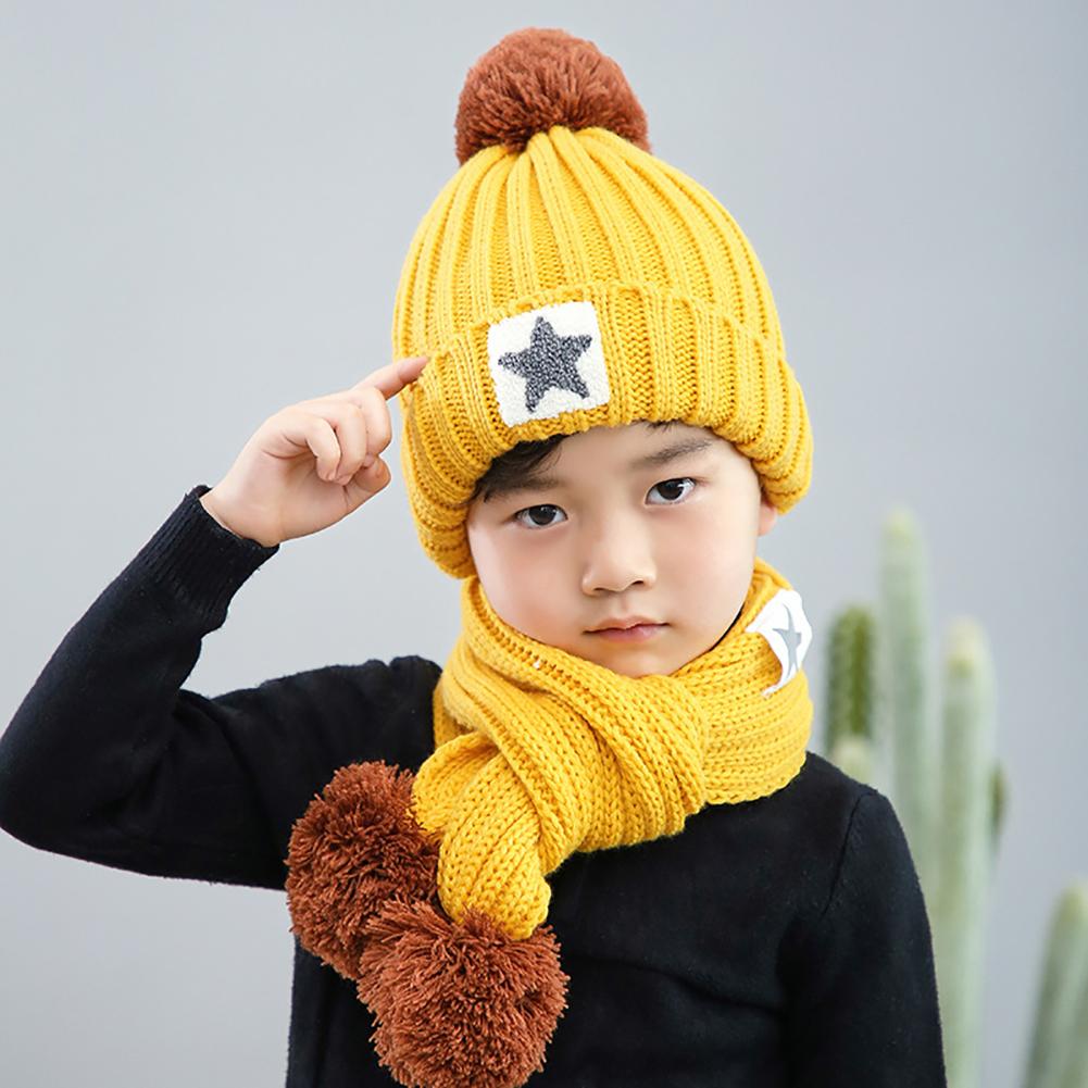 2Pcs/set Kid Knitting Hat Beanie + Long Scarf Thicken Velvet Cute Star Winter Warm Set