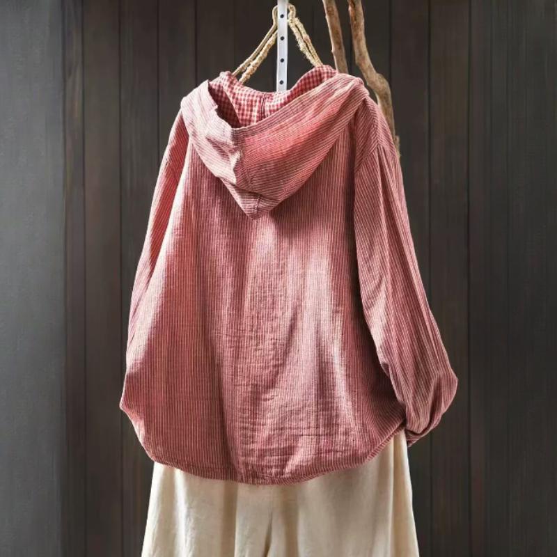 Chemise à capuche rayée en fil de coton double couche pour le printemps pour femmes, veste chemise à carreaux à manches longues