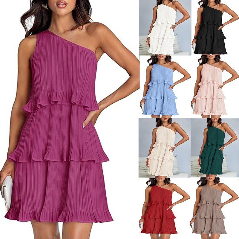 

2025 Shoulder Layered Splicing Bottom Solid Color Dress Sky Blue S