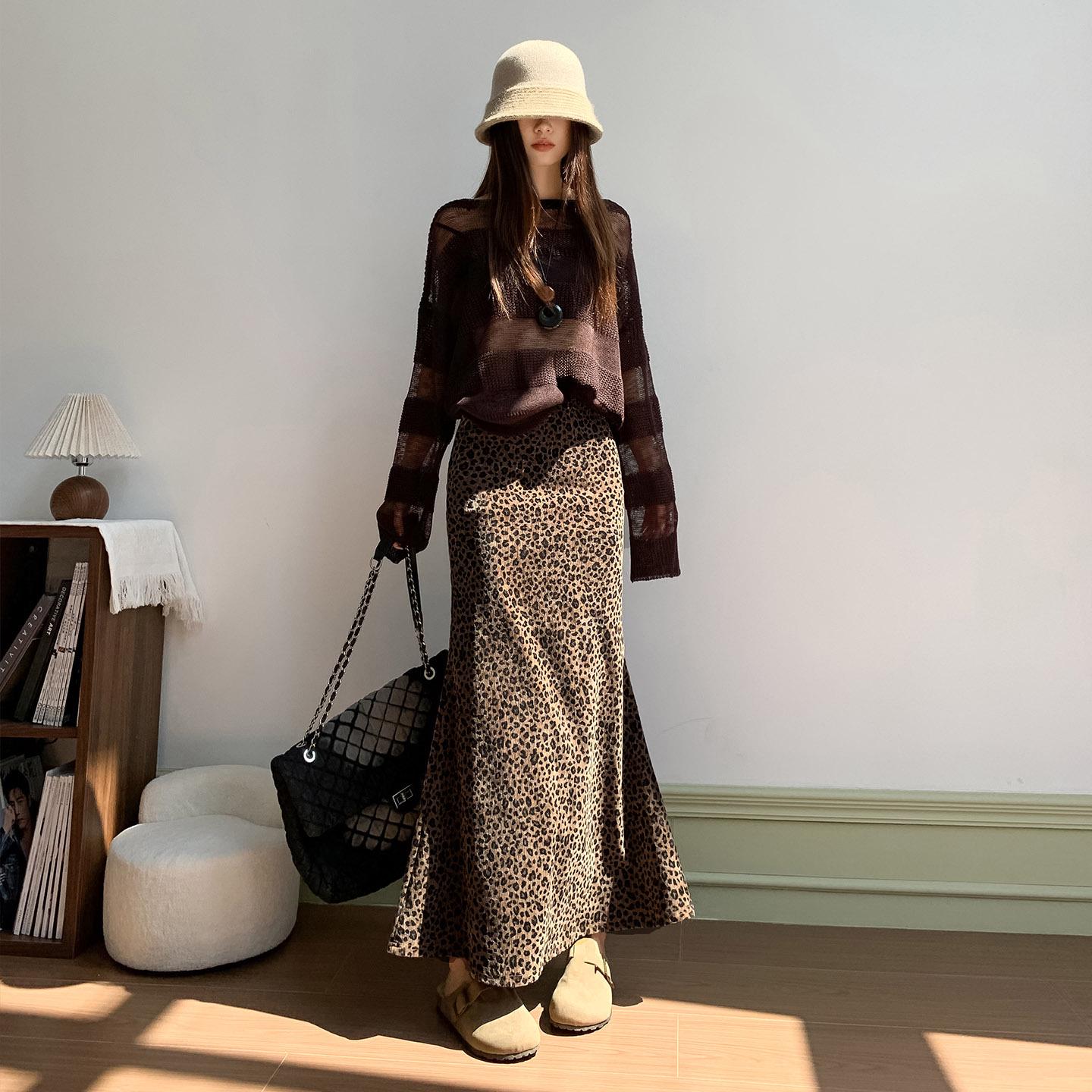 

Leopard Print Elastic Waist Midi Skirt - Autumn Slim Fit A-line for Pear-shaped Bodies Large