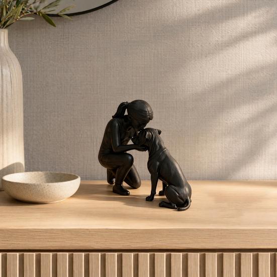 3D Printed Women Dog Figurine, Girls Pet Friendship Decorative Statue Sculpture for Living Room Home Office Shelf, Gift for Dog Lovers