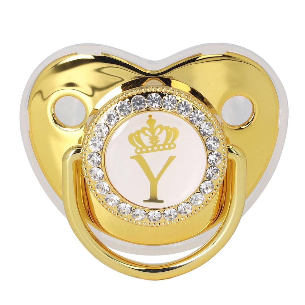 Baby Pacifier Infant Portable Exquisite Golden Crown Letter Rhinestone Pacifier with Chain Clip