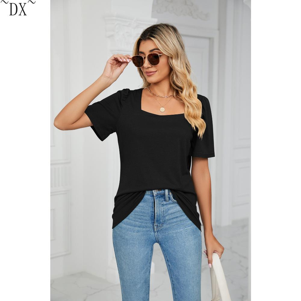 DX~~ Весенне-летняя новая однотонная свободная футболка с квадратным воротником — фото 15