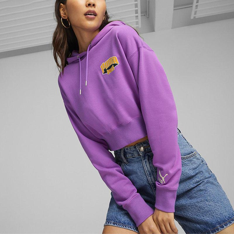 Puma Cropped Hoodie With Letter Print Women Hoodies Purple 626137-50