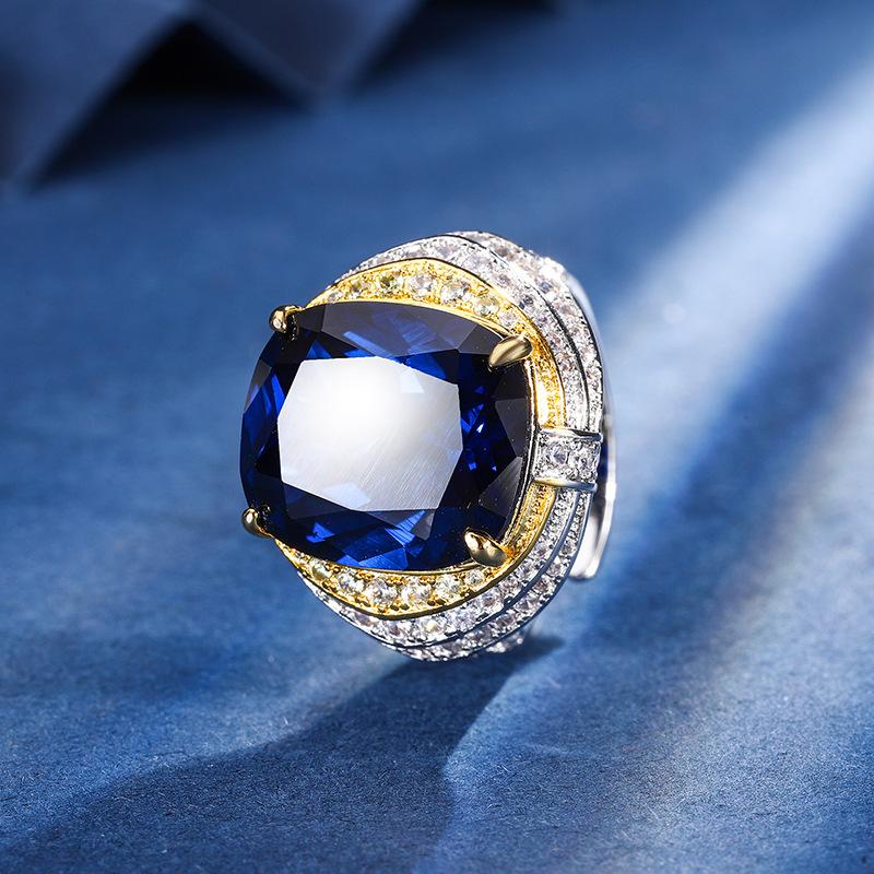 Jewelry Copper Bottom Gold-Plated Simulation Corundum Fat Rectangular Light Luxury Personalized Ring Female 14 * 16