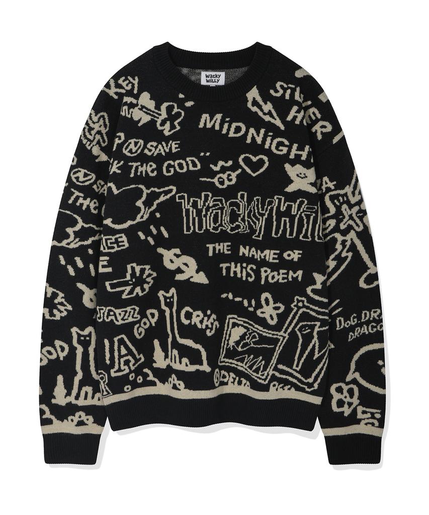 WACKY WILLY Graffiti Jacquard Pullover Black