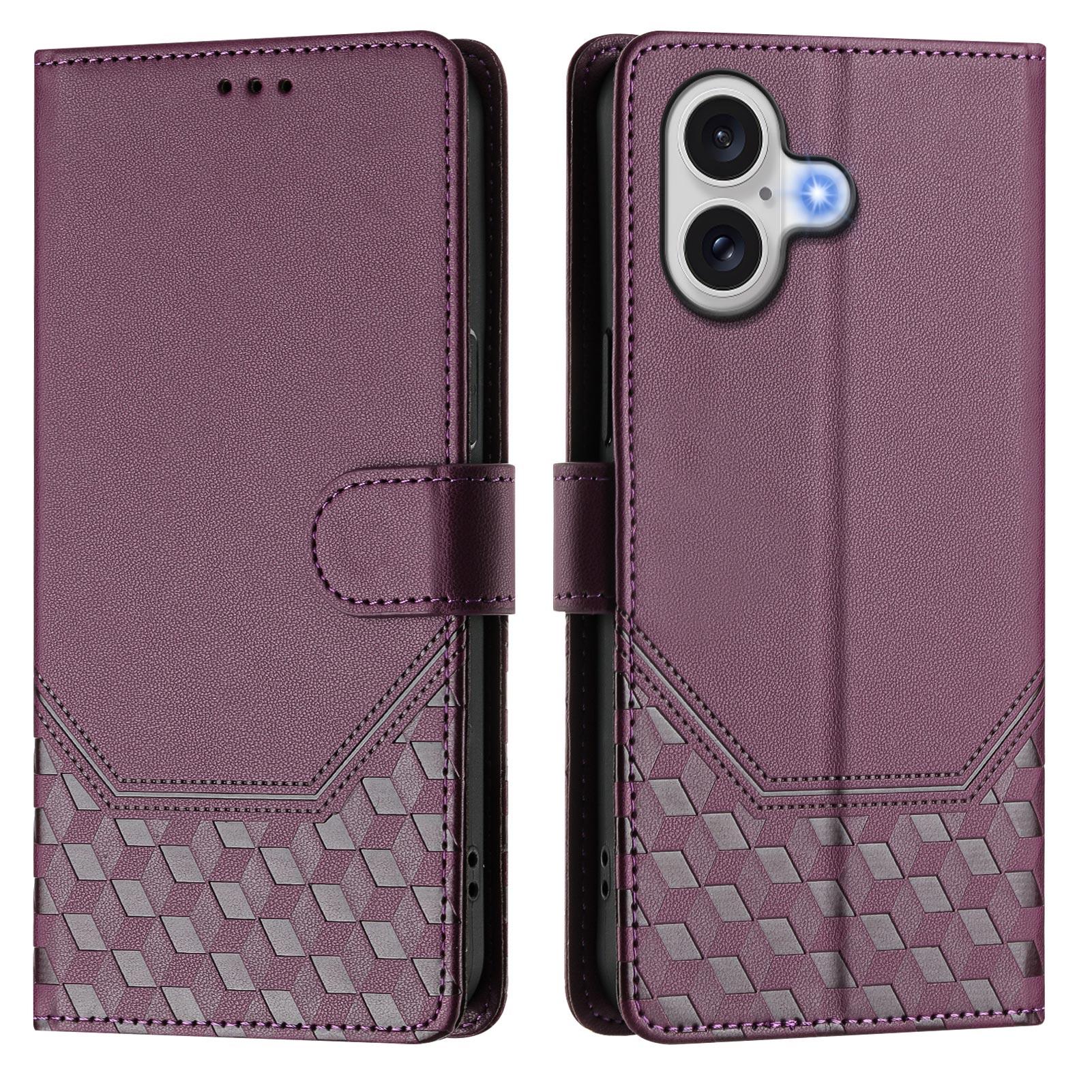 

For iPhone 17 Case Imprinted Honeycomb RFID Blocking Leather Phone Cover with Strap Dark Purple