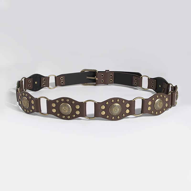 Vintage Western Style Faux Leather Belt With Spliced Carving And Unique Buckle For Fashion Women