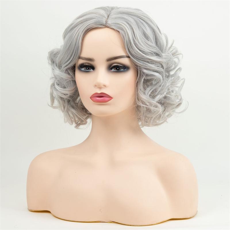 Synthetic Short Grey Curly Wig for Women Natural Curly Hair Old Woman Wigs Cosplay Costume Use Grandmother Wig Heat Resistant