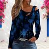 Women Plus Size Asymmetric Cutout Neck Cold Shoulder Long Sleeve Blue Printed Fitted Blouse
