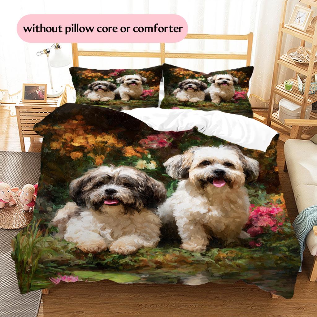 Shih Tzu and grass Pattern Bedding Home Decoration Birthday Gift (1 * duvet cover + 2 * pillowcase, without core)