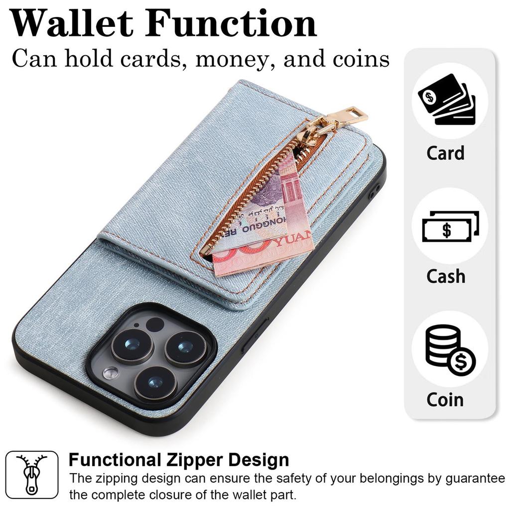 iPhone 17 Case with Denim Texture and Zipper Card Holder for Apple 16 Pro Max/15/14