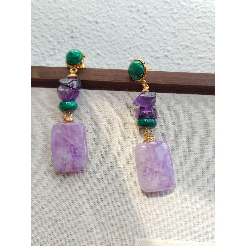 Original Designer European and American Amethyst, Purple Jade, Malachite Original Natural Gemstone Earrings, Handmade Ear Studs and Ear Accessories