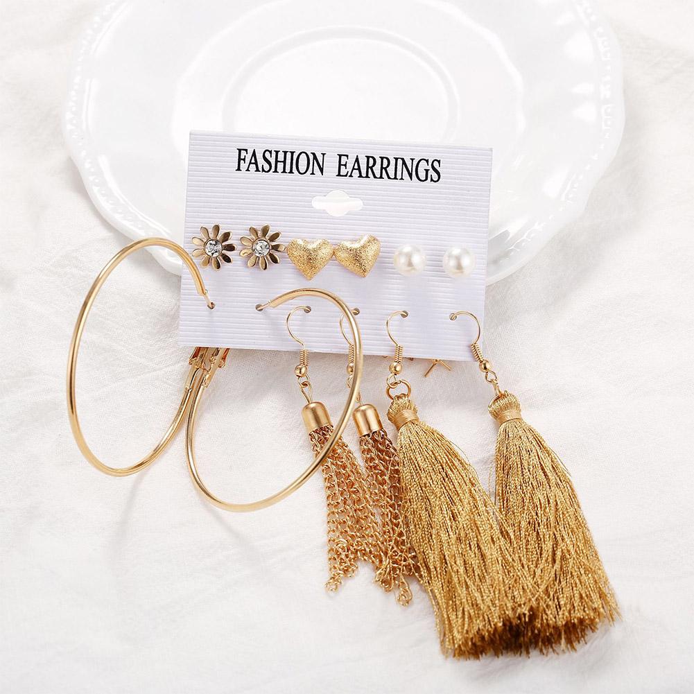 6 Pairs Women Fashion Love Shape Big Circle Tassel Ear Stud Set