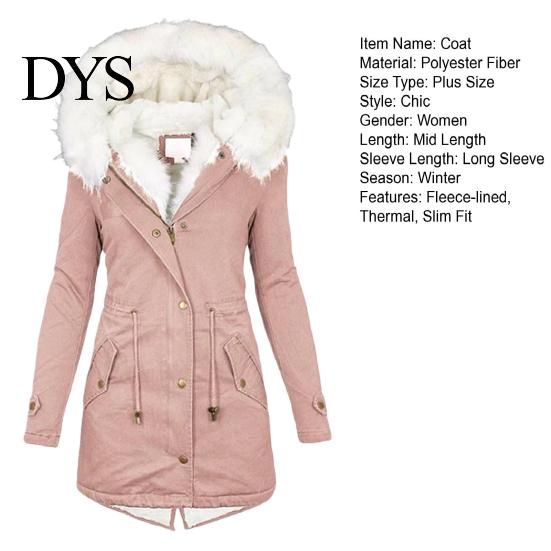 Long Down Jacket Women Winter Cotton Coat Plus Size Faux Fur Hood Fleece-lined Zip-up Temperature Locking Press Button Closure Windproof Mid