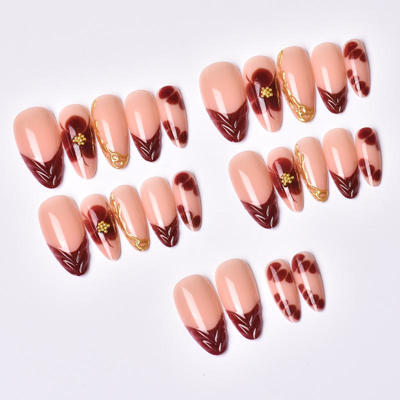 24pcs Handmade Rhinestone Leopard Print French Gold-Plated Almond Nails
