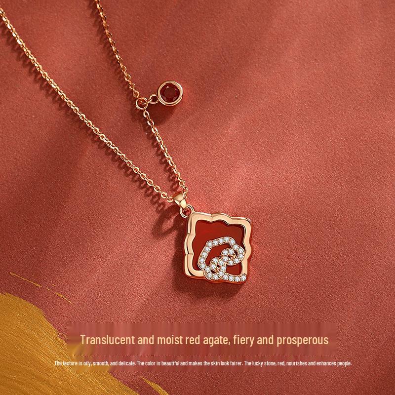Tichiya Women's Red Agate Four-Leaf Clover Necklace In S925 Sterling Silver with Ruyi Knot Clavicle Chain.