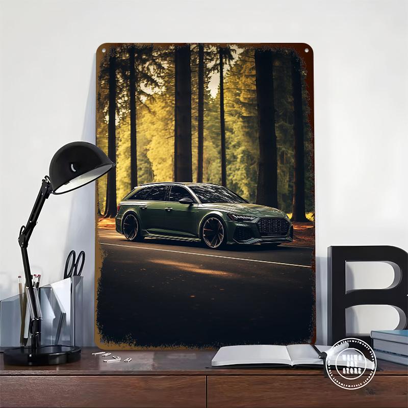 Green Sports Car RS6 in Forest Poster Customized Wall Art Vintage Metal Signs Retro Tin Plaque for Man Cave Bedroom Decorations