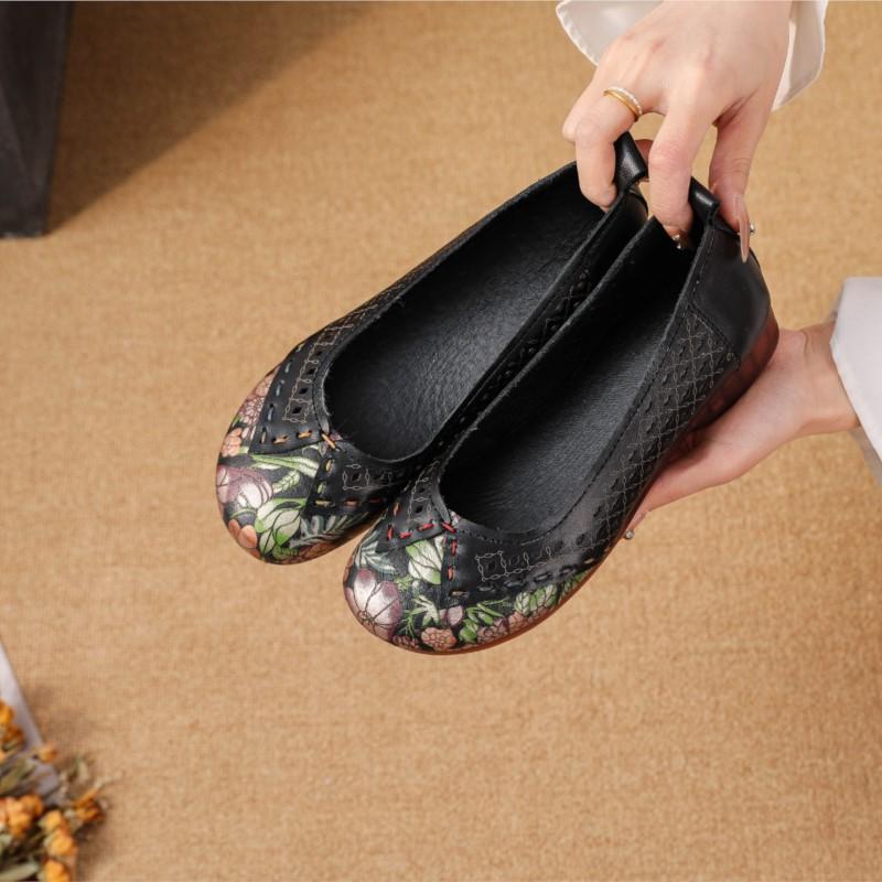 

Johnature Сандалии из натуральной кожи на мягкой подошве и низком каблуке, в стиле ретро с принтом, с перфорацией, дышащие, женские туфли 38 чёрный