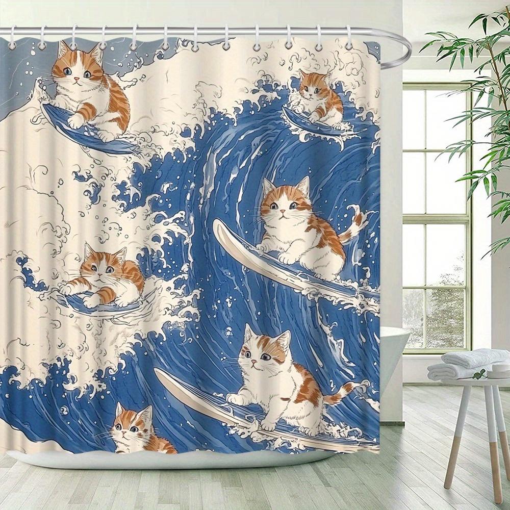 Shower Curtain - Ginger Tabby Kittens Surfing, Ukiyo-e Style, Vibrant Colors, Polyester,  Playful Bathroom Décor