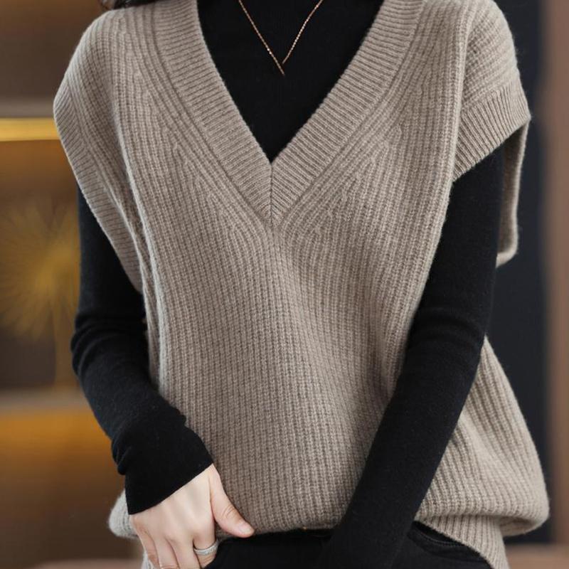Jesienny Zimowy Dzianinowy Kamizelka Damska Dekolt V Koszulka Luźny Wszechstronny Bez Rękawów Dzianinowy Sweter Pulower