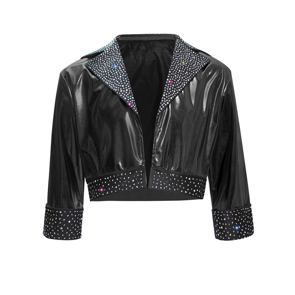 Mädchen Reverskragen Langarm Glänzende Strasssteine Metallische Jacke Jazz Dance Oberbekleidung