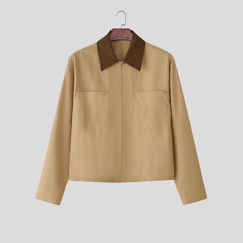 INCERUN Men Lapel Neck Long Sleeve Zipper Stitching Casual Cargo Jackets Coats